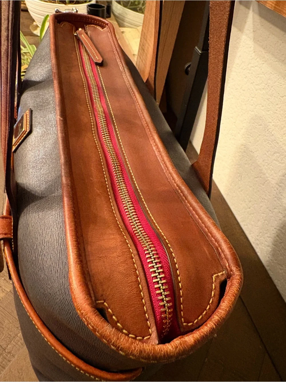 Dooney & Bourke Lexington Navy Coated Canvas Shopper Tote British Tan Leather